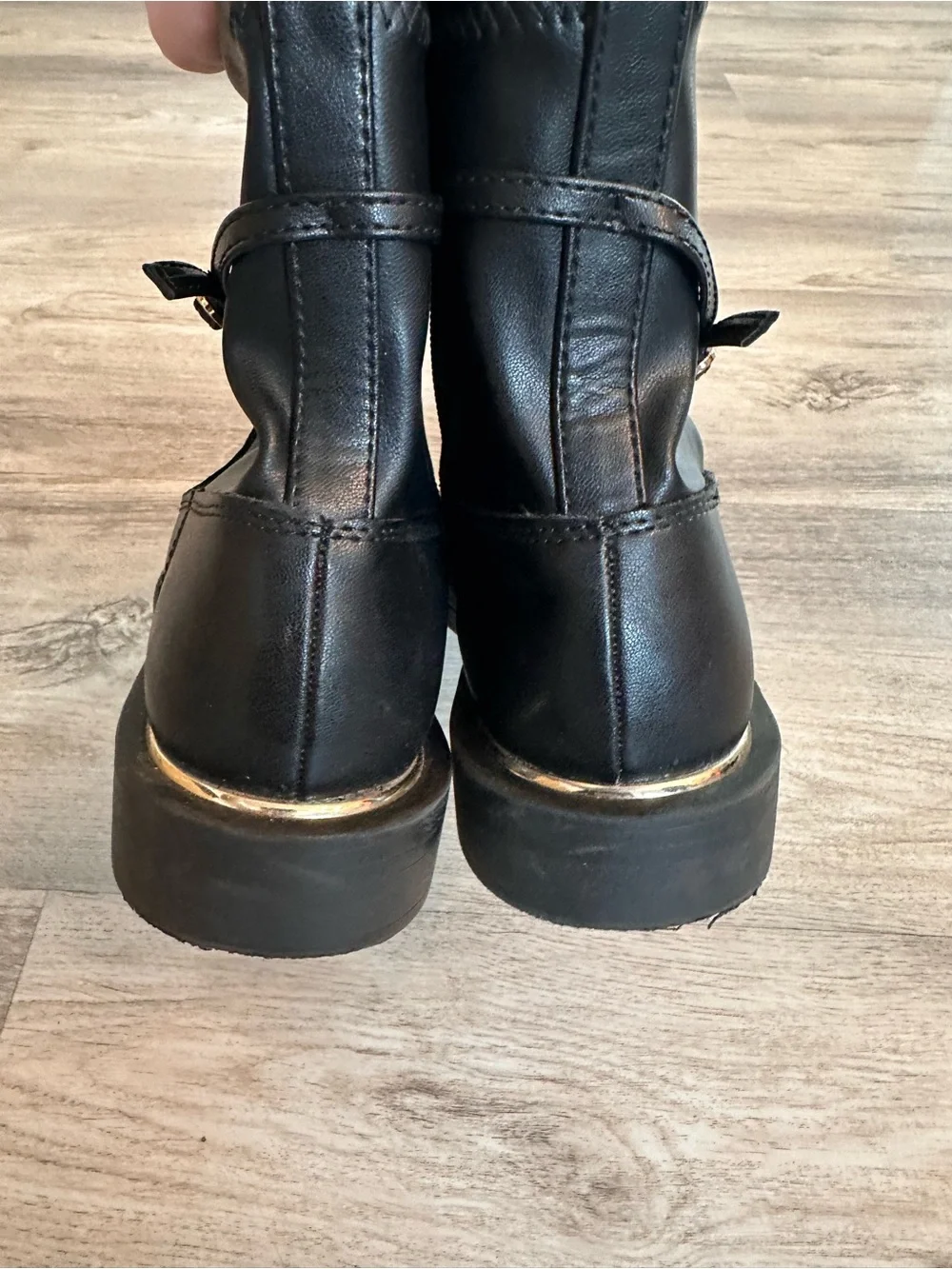 Zara Black Ankle Boots Size 35 Buckle Strap Gold Trim Moto Booties - Picture 6 of 12